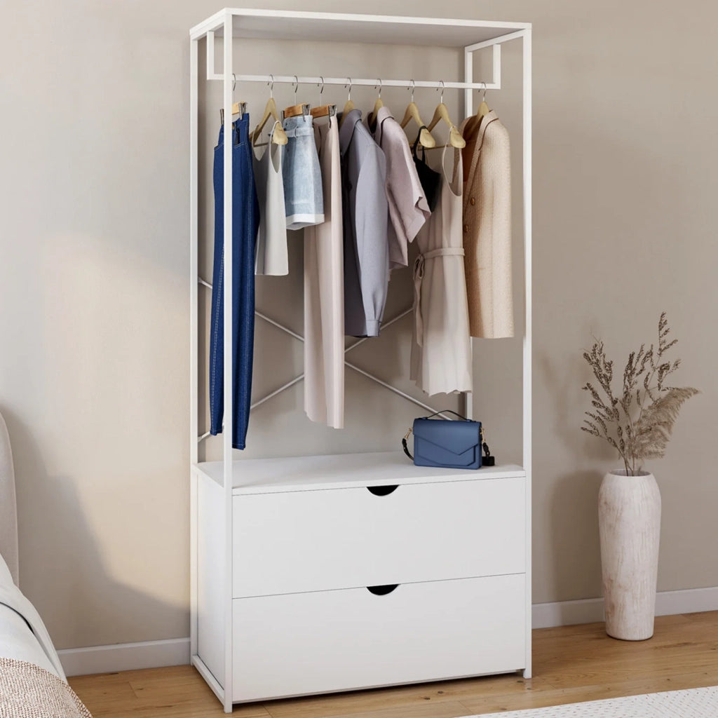 IDMarket - Armadio a 2 cassetti L. 80 cm BROOKLYN legno bianco e metallo bianco