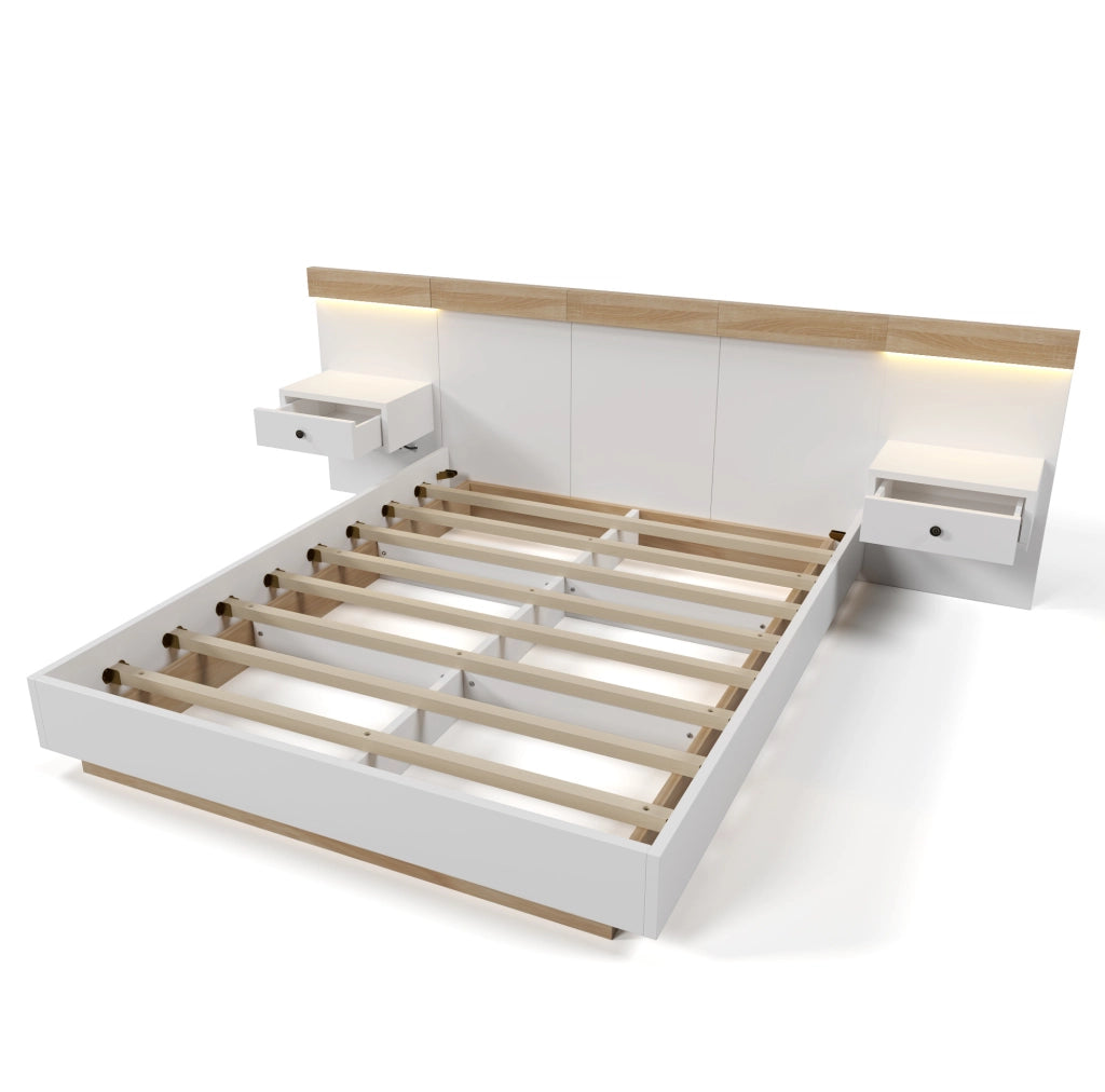 Letto matrimoniale 160x200 cm con comodini LED; USB C e presa EU; legno bianco e quercia Sonoma