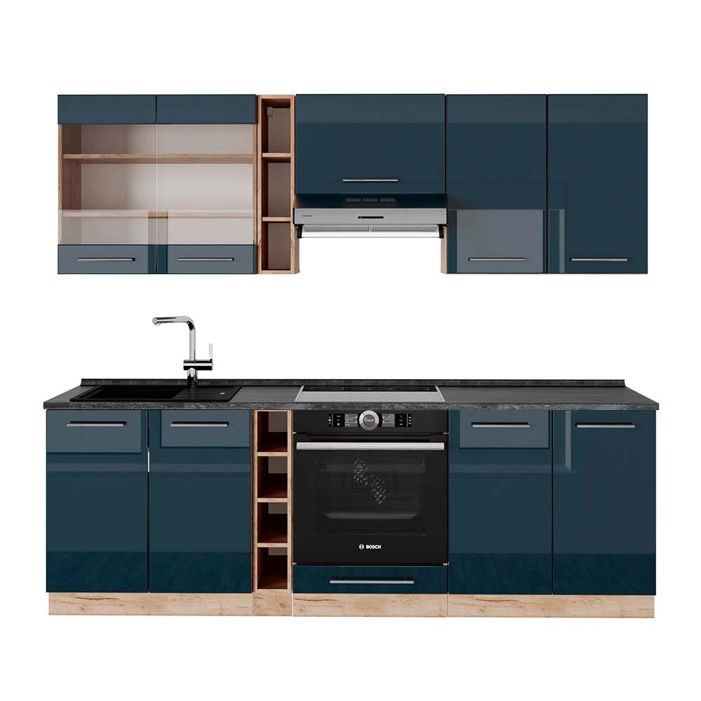 Cucina componibile Fame-Line Blu scuro lucido/Rovere dorato 235 cm, PL Antracite Vicco