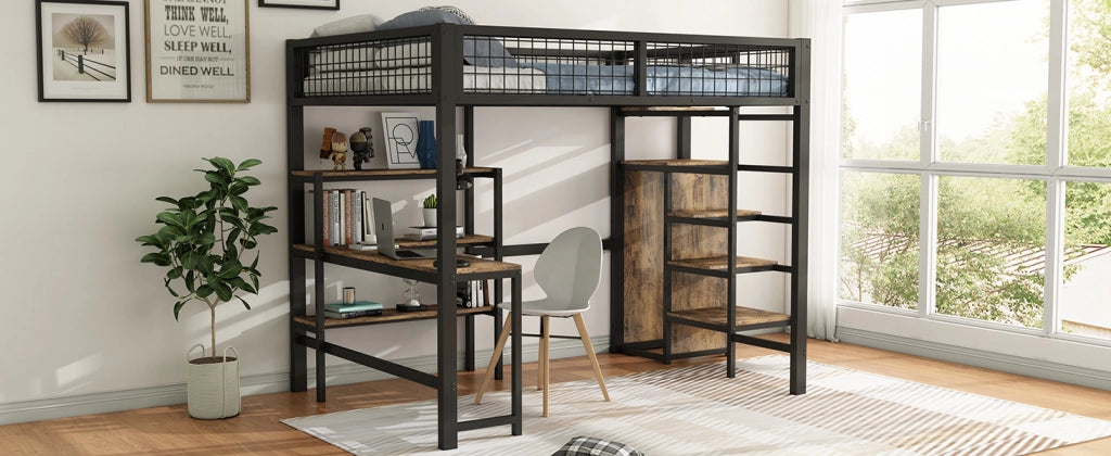 DESMIU Letto a soppalco matrimoniale con scrivania, scaffali e armadio, 140 × 200 cm, senza materasso