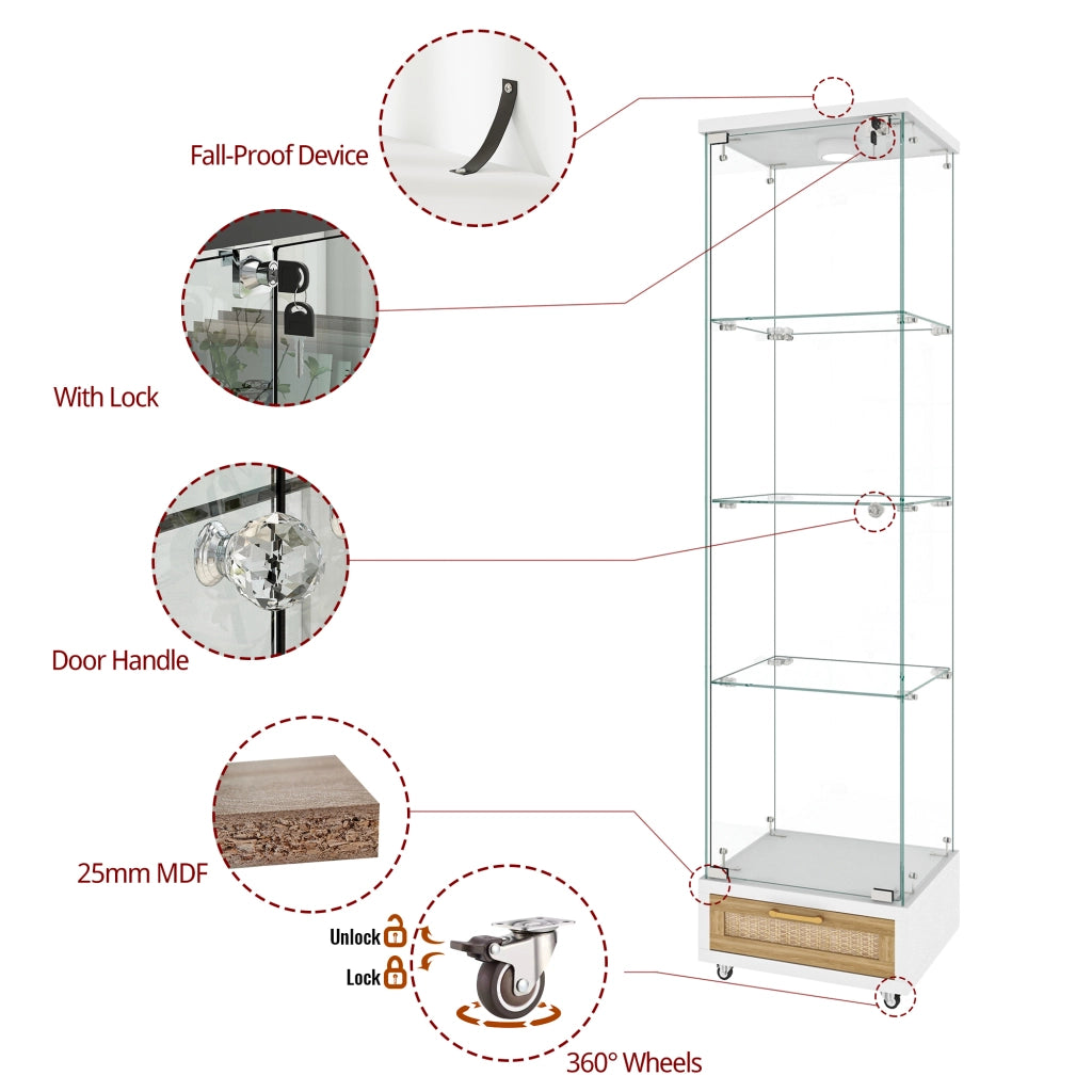 Libreria Vetrina con Cassetti e LED ¨C MINIMAL ¨C Bianco, Vetro Temperato, 1 Anta, 4 Ripiani, 42.5x36.5x167 cm