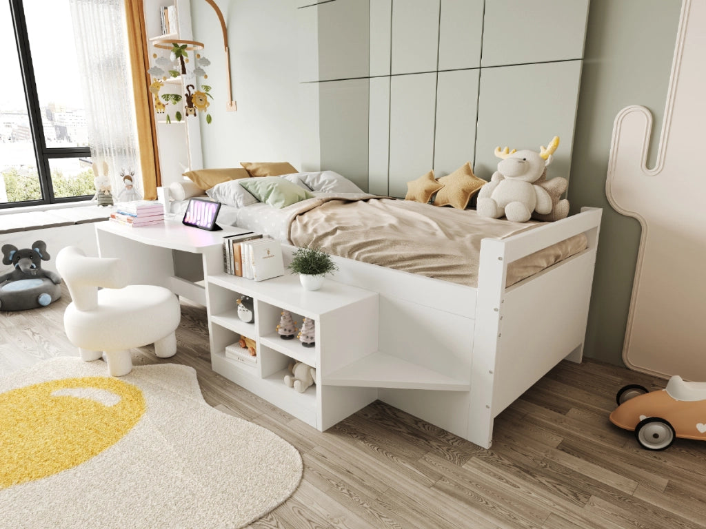 DESMIU Letto Combinato Letto Singolo con Scrivania, Armadi, USB e Presa 90 × 200 cm, Senza Materasso