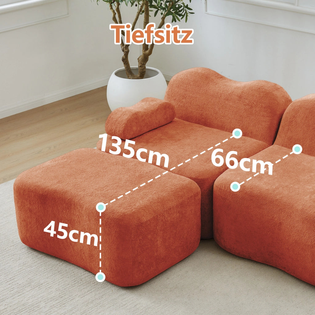 Divano angolare modulare a 4 posti senza struttura con pouf, bracciolo mobile e seduta profonda in velluto arancione