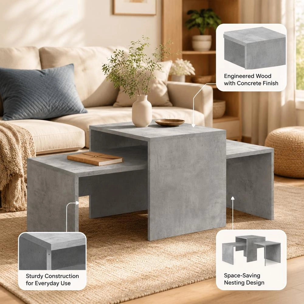 Coffee Table Set Concrete Grey 100x48x40 Cm Wood Material
