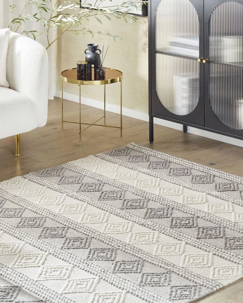 Tappeto in lana beige chiaro e grigio poliestere 160 x 230 cm intrecciato a mano motivo geometrico boho soggiorno camera da letto