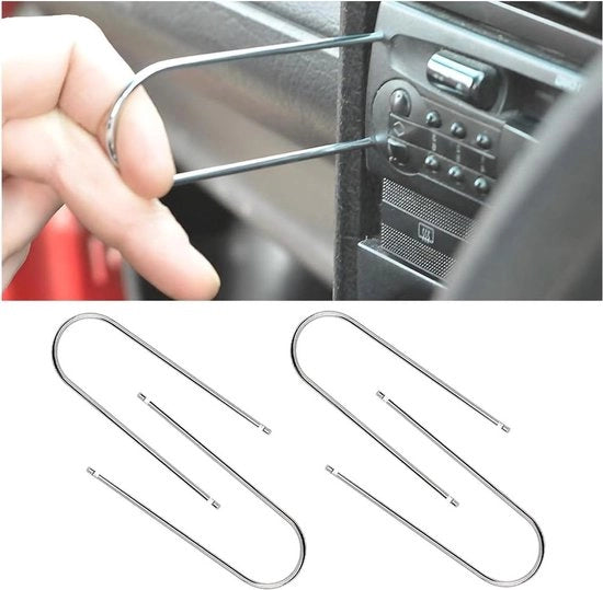 Autoradiobeugel per rimozione con tasti di sblocco DIN e strumento di sblocco a forma di U.