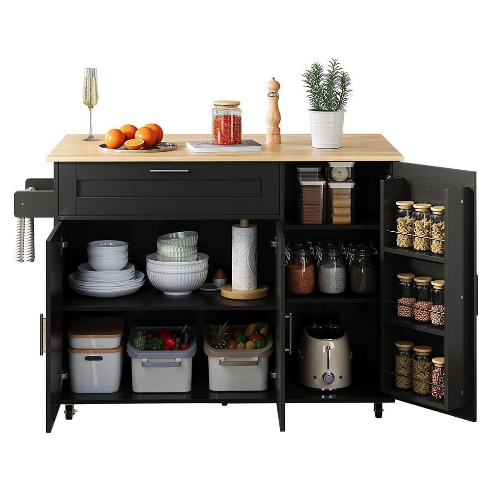Tavolo da cucina mobile - Xylo - L132,5*L44(70)*H90cm - Grano di quercia - Piano di lavoro ribaltabile, ripiano spezie, portasciugamani