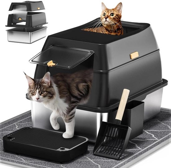 Cassetto per gatti in acciaio inossidabile con coperchio, cassetto per gatti chiuso con ingresso anteriore e superiore, cassetto per gatti metallico facile da pulire per grandi gatti - inclusi rastrello e tappeto - nero