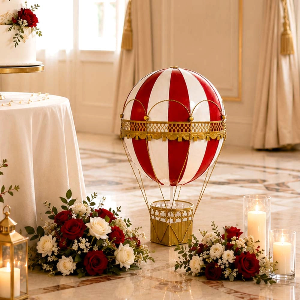 Mongolfiera Decorativa h 55 cm Metallo Rossa e Dorata da Appendere o Appoggiare