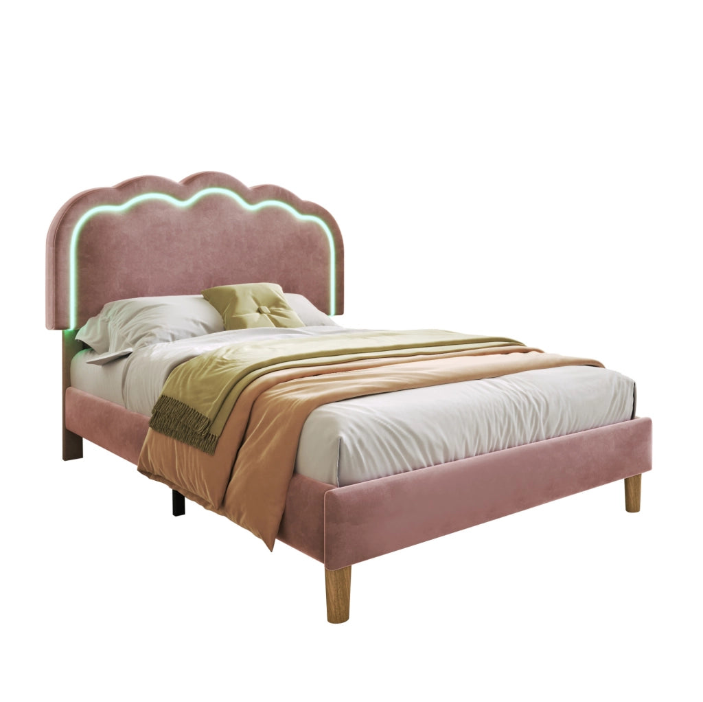Letto imbottito LED singolo 90x190 cm in velluto rosa con testiera regolabile