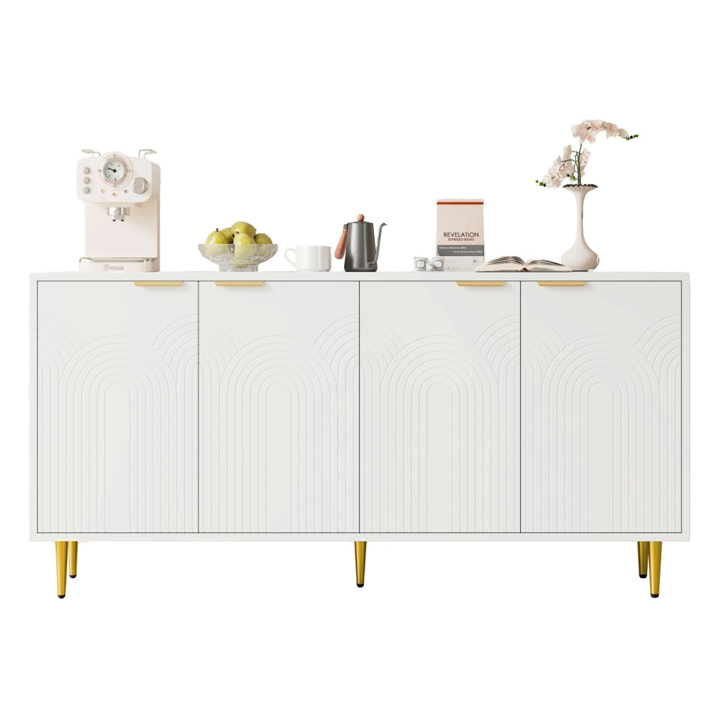 Credenza 160x40x80 cm bianca in MDF, 4 ante con ripiani regolabili