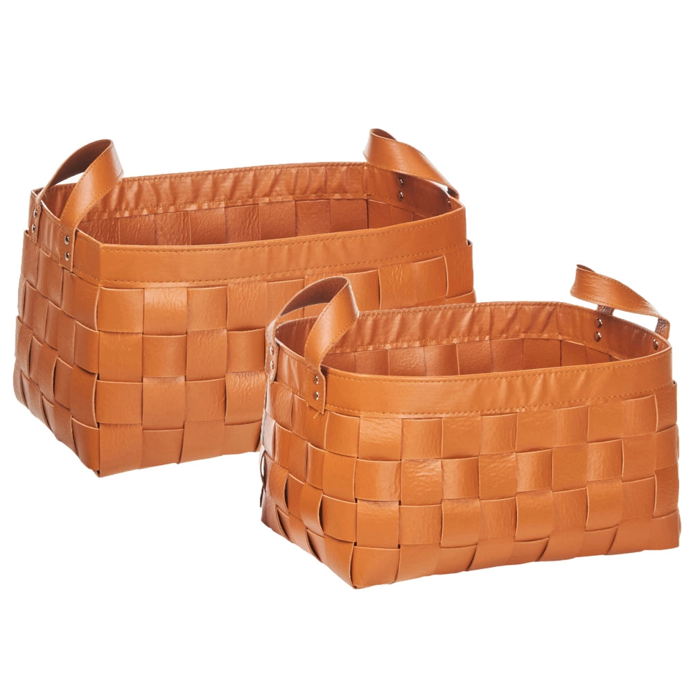 Set di 2 cesti fatti a mano in ecopelle marrone dorato con manici design retrò