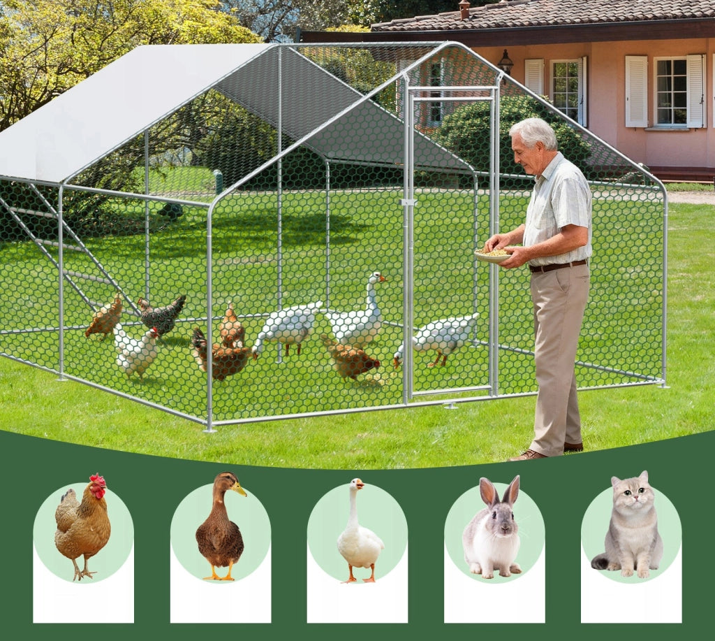 Recinto per Polli in Metallo 3×4×2 m con Telo PE Impermeabile; Porta con Serratura e Ampia Area Esterna per Animali