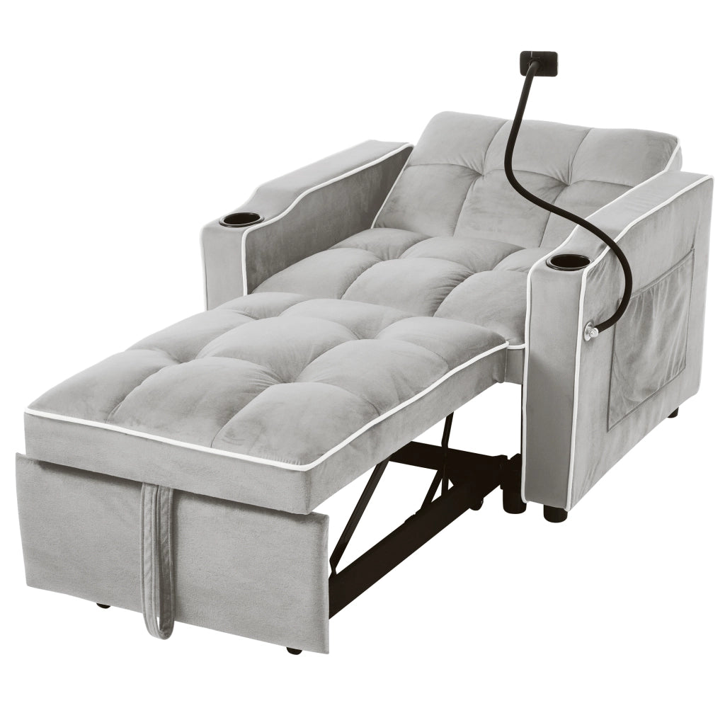 Divano letto convertibile con portabicchieri e supporto telefono, in schiuma, grigio bianco antico 83 × 167 × 76 cm