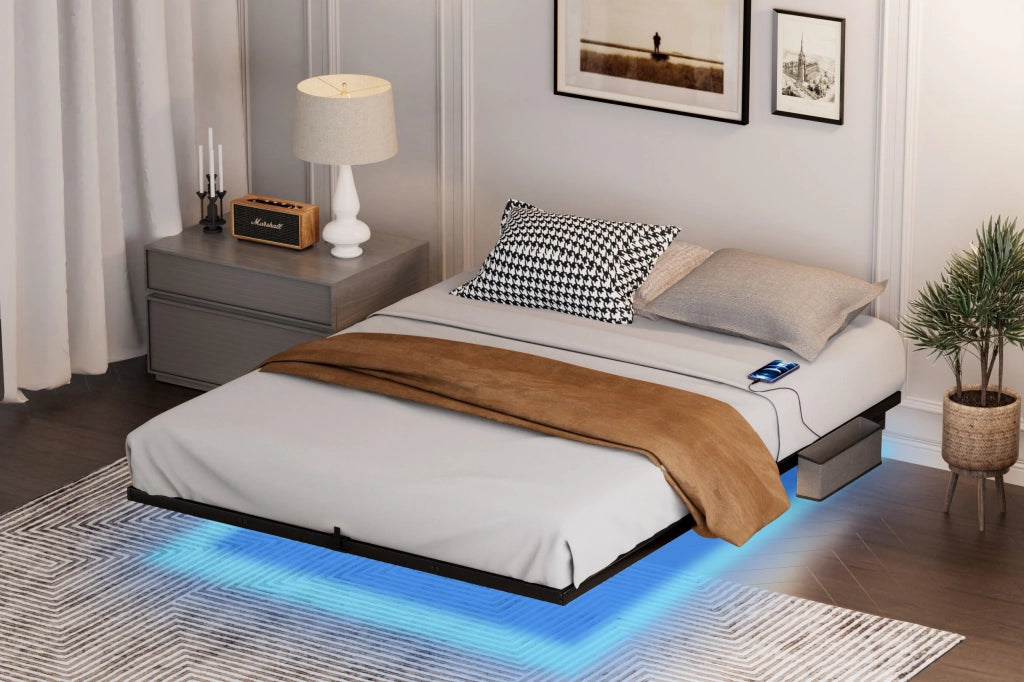 Letto flottante in metallo con LED e doghe, 160x200 cm, nero