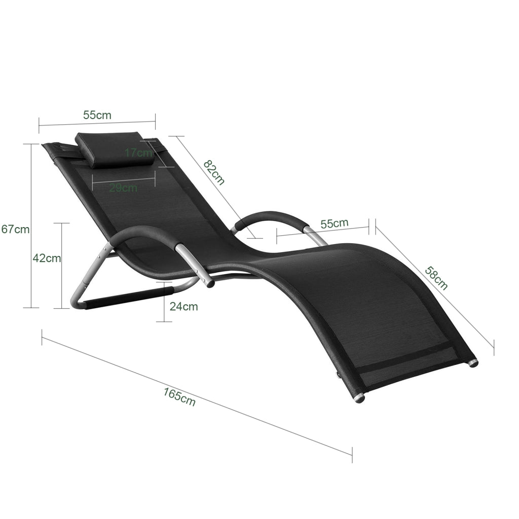SoBuy Lettino prendisole da giardino Sedia con poggiatesta Sdraio per esterni giardino spiaggia Sedia da campeggio Nero 165x55x67 cm OGS38-SCH