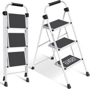 Tredente a 3 livelli con ringhiera scala portatile - piedi antiscivolo - trampolino ampio - sgabello leggero per salire - scala pieghevole stabile - scala per la cucina e l'ufficio - scala per la casa - scala a 3 livelli in bianco