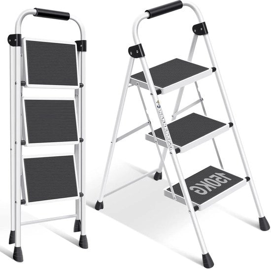 Tredente a 3 livelli con ringhiera scala portatile - piedi antiscivolo - trampolino ampio - sgabello leggero per salire - scala pieghevole stabile - scala per la cucina e l'ufficio - scala per la casa - scala a 3 livelli in bianco