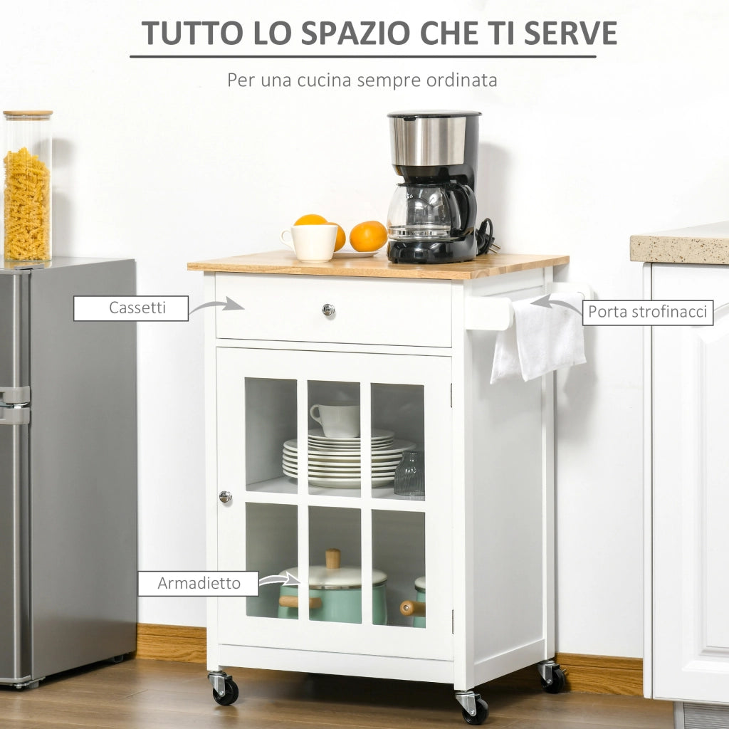EasyComfort Carrello da Cucina Multiuso con 4 Ruote, in Legno Bianco, 67x48x86.5cm