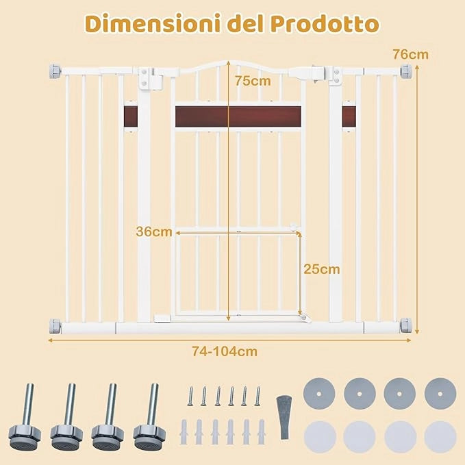 Cancelletto per Bambini per Aperture 74-104 cm, Cancello per Bambino con Porta Piccola, 2 Estensioni e Doppio Blocco, Cancelletto in Metallo da Interno per Cucina, Scale e Soggiorno (Bianco)