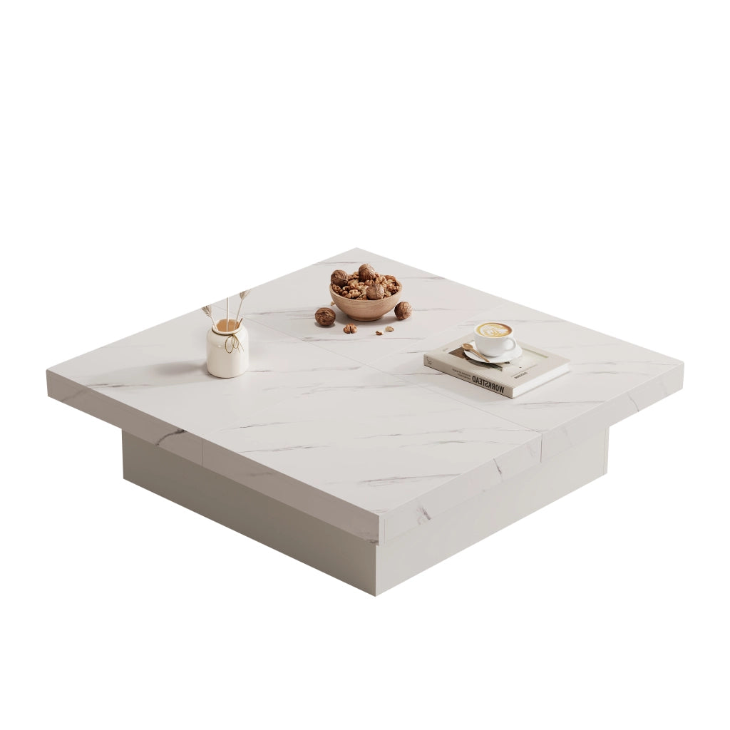 Tavolino da caffè 90x90x25 cm; 4 cassetti con piano scorrevole; truciolare effetto marmo bianco