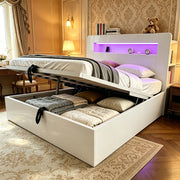 Letto in legno con contenitore idraulico, LED e USB, 140x200 cm, bianco