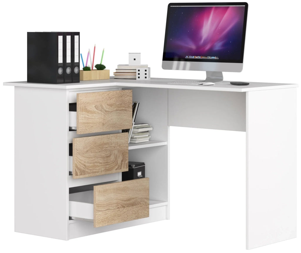 Scrivania angolare AKORD B16 Bianco 124 cm 3 cassetti inserto frontale Sonoma Quercia 124x85x77 cm Modello a sinistra