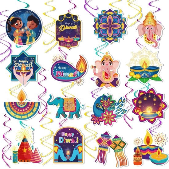 Decorazione per Plafondo 30 Stuks - Vortici per Diwali - Tema di Festa - Decorazione per Plafondo - Versamento Indiano per Feste - Facile da Montare - Inclusi Ganci - Decorazione per Feste