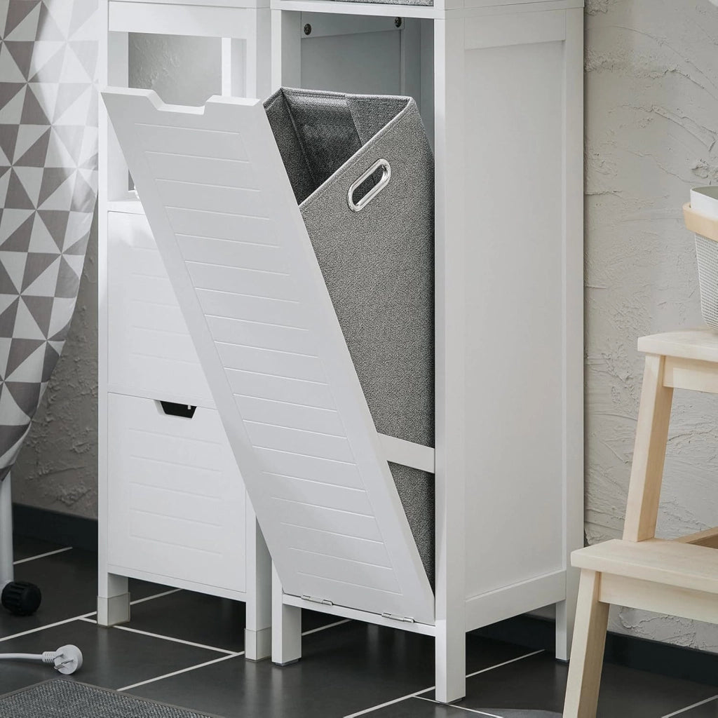 Mobile Bagno Salvaspazio con Portabiancheria Colonna Bagno 145cm con Ripiani Aperti e Cesto Estraibile Armadio Alto Bianco BZR123-W