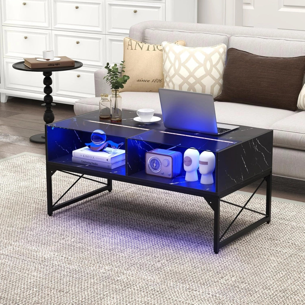 COSTWAY Tavolino da Salotto, Tavolino da Caffè da in Vetro e Legno con Luce LED Multicolore Regolabile a Telecomando e Ripiani, Tavolino per Soggiorno e Ufficio, 105 x 55 x 50 cm (Nero)