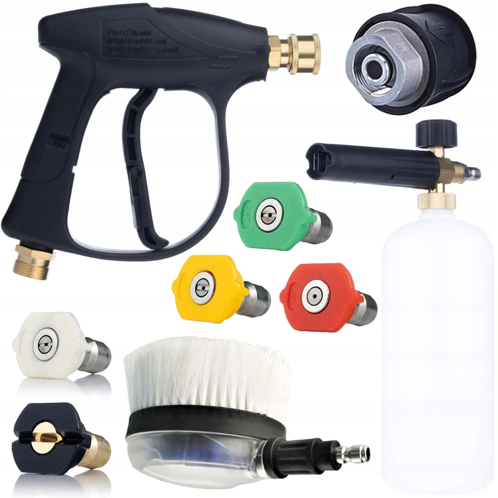 Set Accessori per Idropulitrice – Pistola 300 Bar, Lancia Schiuma 1L, 5 Ugelli QC, Spazzola Rotante, Adattatore Lavor