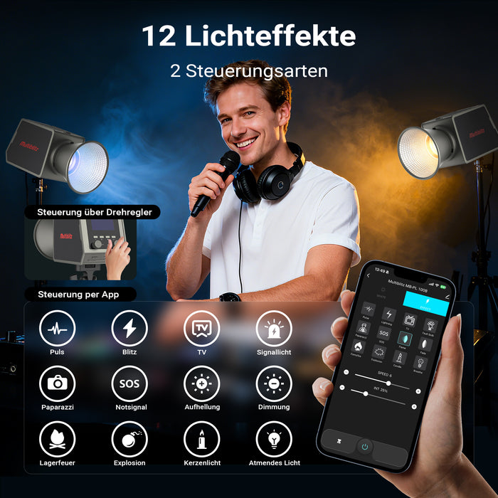 Multiblitz MB-PL Luce led portatile per fotografia 100W, Bicolore con temperatura da 2700K a 6500K, Batteria ricaricabile USB