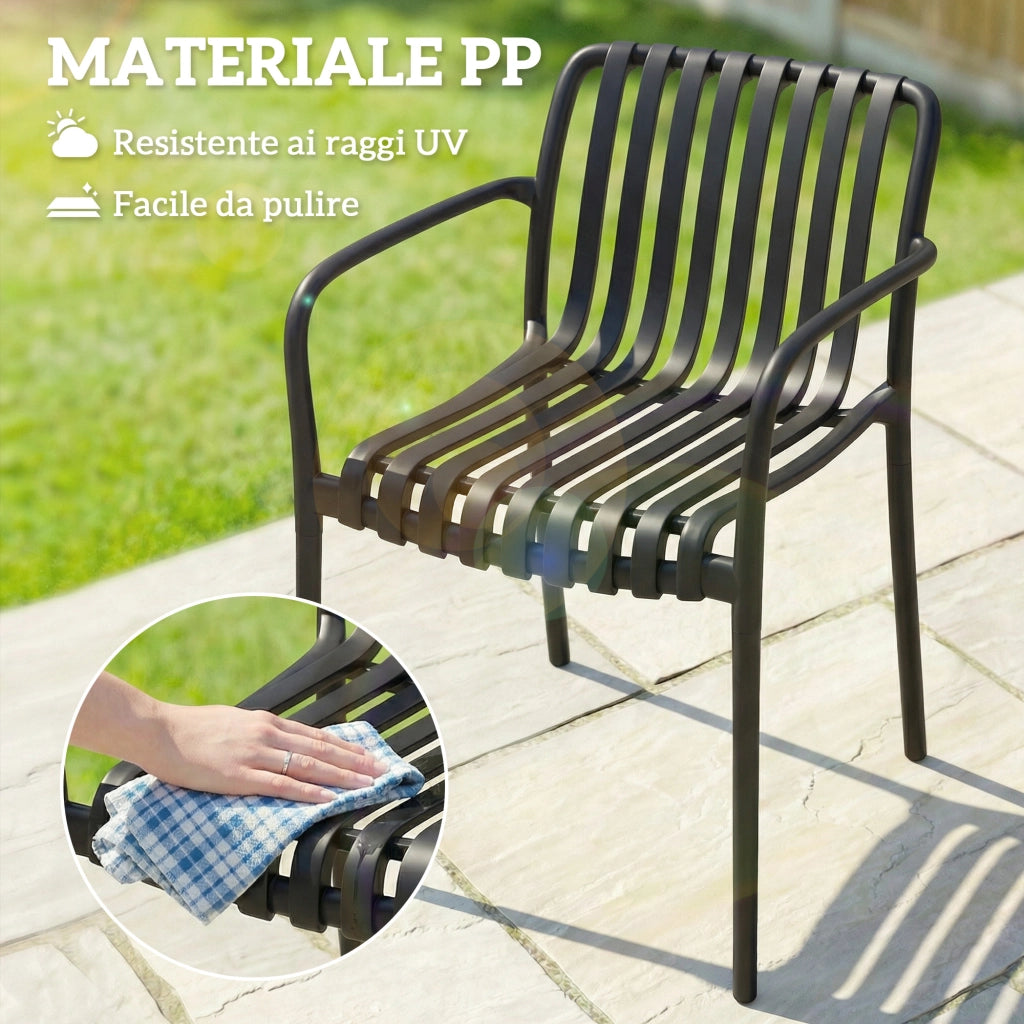 Set di 4 Sedie da Patio Impilabili. Sedie da Pranzo per Esterni con Schienale Curvo. Seduta con Listelli e Braccioli
