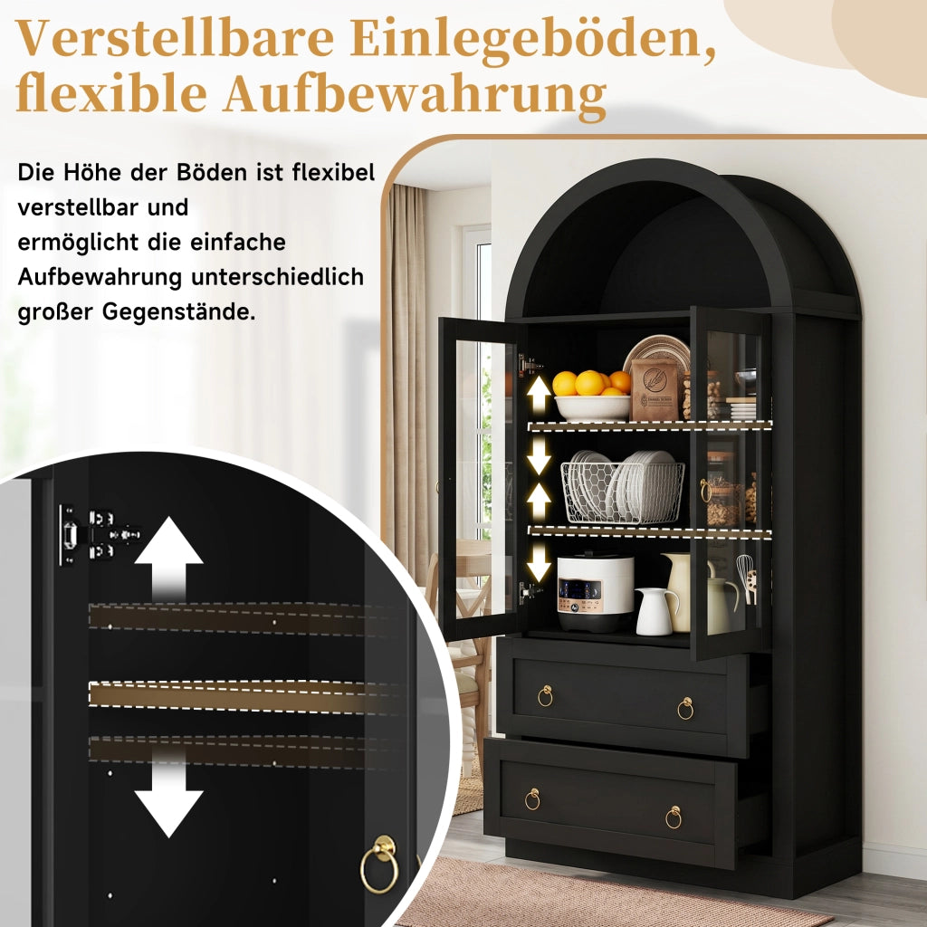 Credenza con ante in vetro, cassetti e ripiani regolabili per cucina e soggiorno, nero, 80 × 36 × 170 cm
