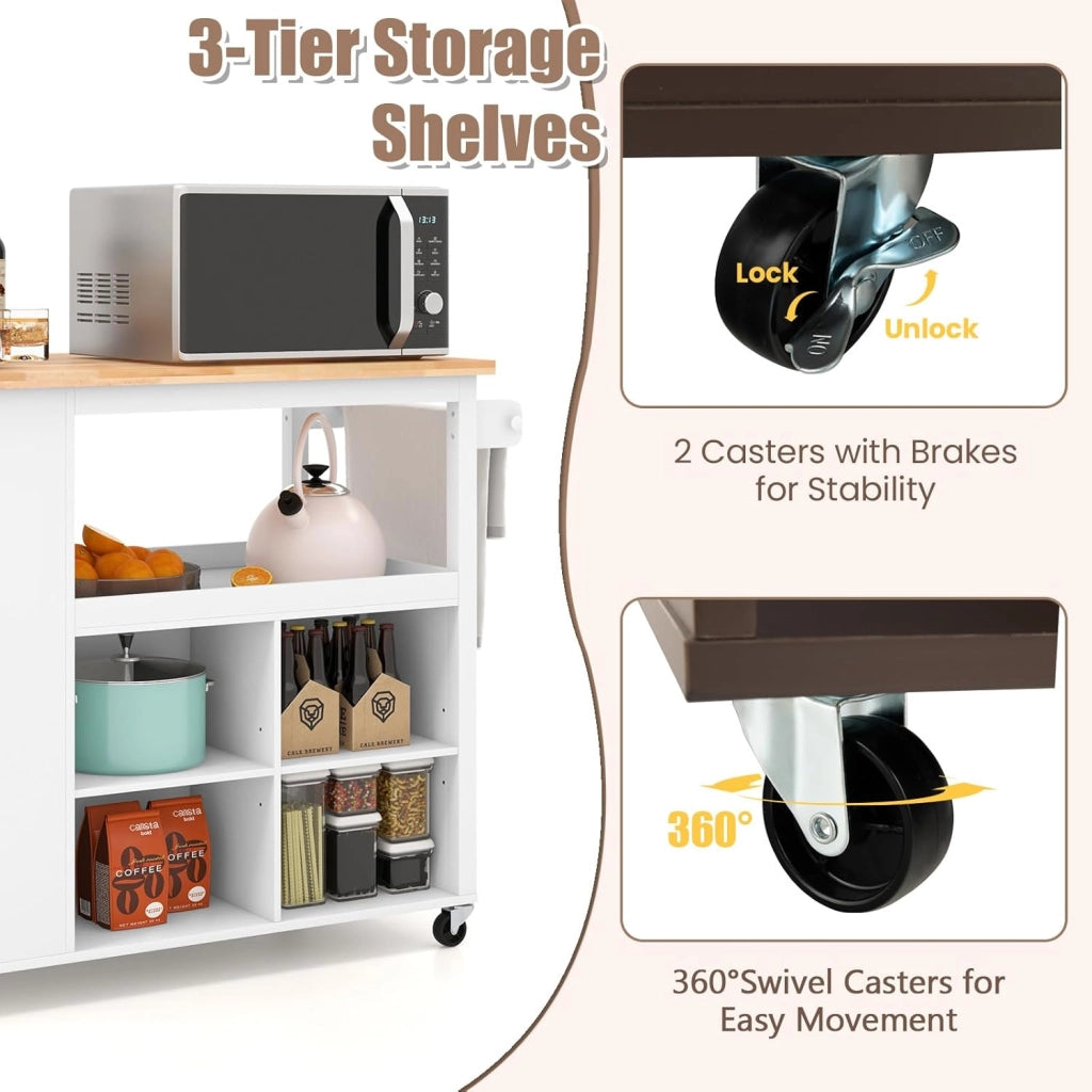 Carrello da cucina con Ruote, Isola da Cucina in Legno con 8 Scomparti, Piano, Cassetto, Portaspezie, Portasciugamani, Carrello di Servizio Multifunzione, 116,5 x 60 x 98,5 cm (Bianco)