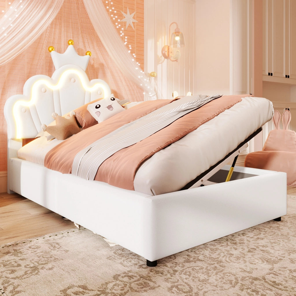 OKWISH Letto Contenitore 90×200 cm, Letto Singolo con LED Multicolore, Testiera Regolabile e Apertura Idraulica, senza Materasso, PU Bianco