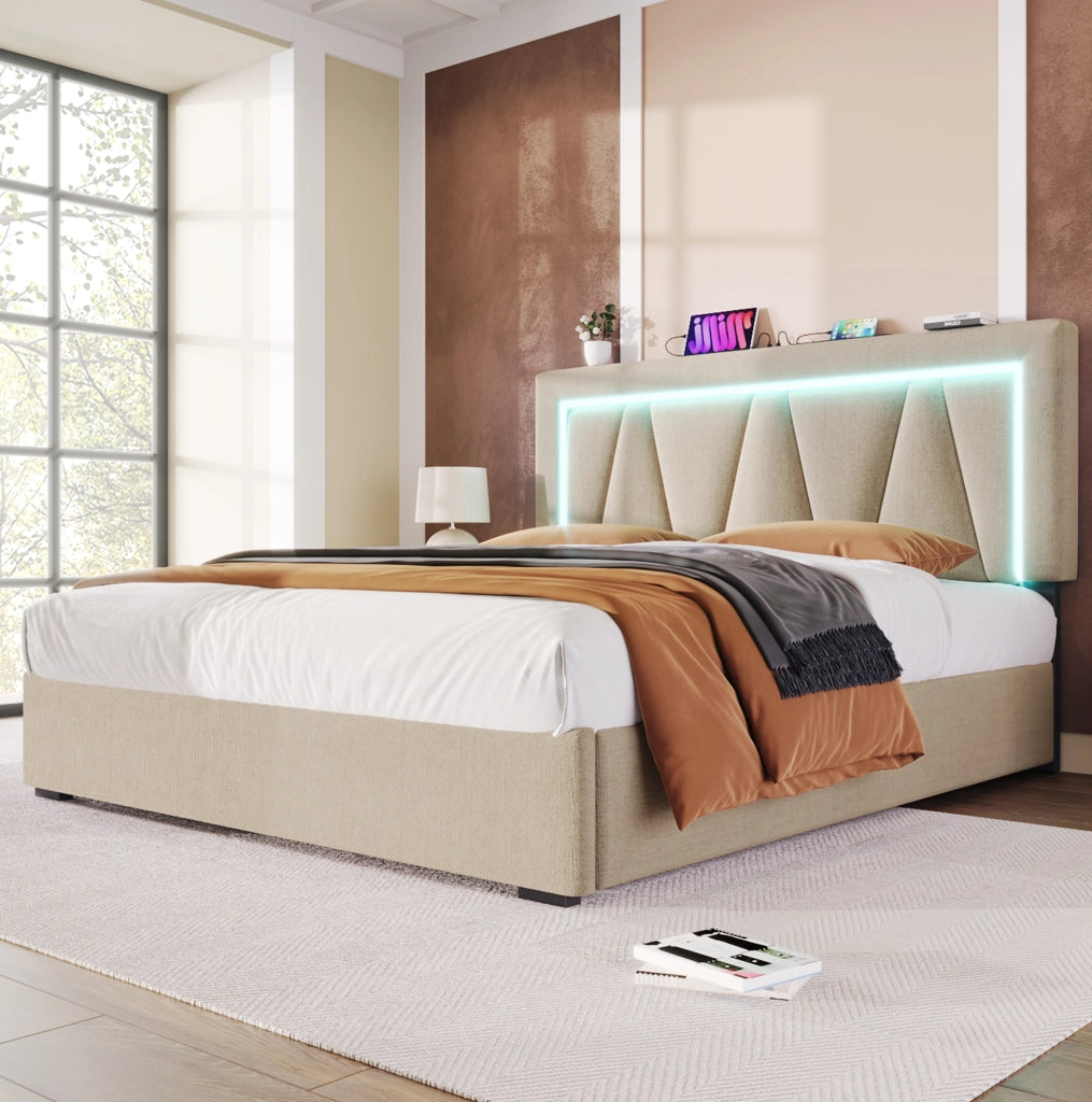 Letto imbottito beige 160 x 200 cm con LED, ricarica USB e materasso