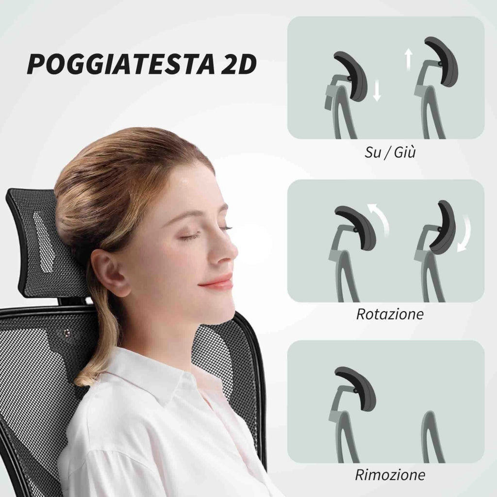 Sedia da Ufficio Ergonomica e Regolabile 66x61x106-116 cm con Supporto Lombare e Poggiatesta in Tessuro a Rete Grigio