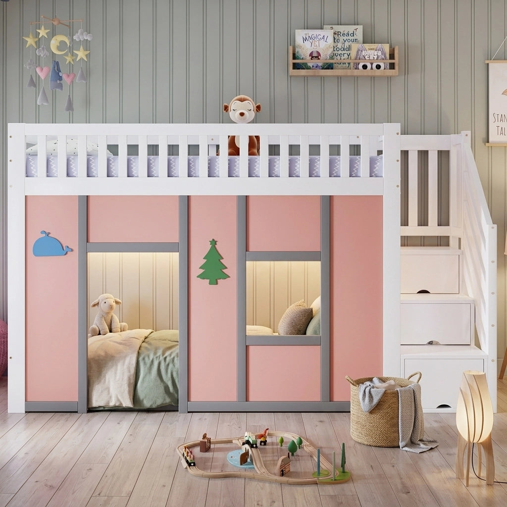 Letto a soppalco per bambini 90 × 200 cm con scala contenitore, LED, barriera di sicurezza, senza materasso, bianco rosa