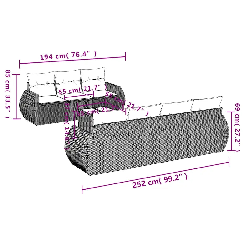 Set Divano da Giardino 8pz con Cuscini Grigio Chiaro Polyrattan