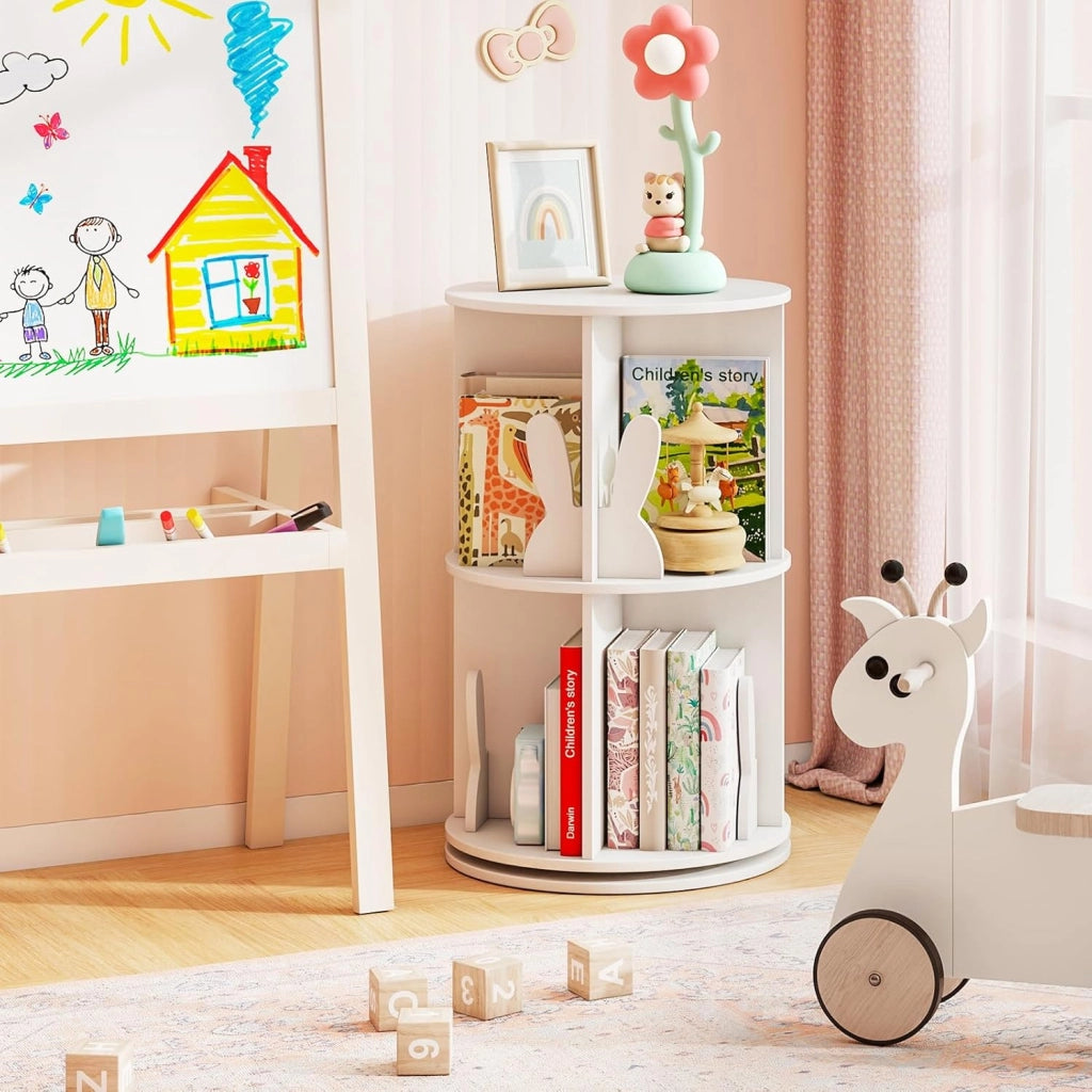 Libreria Girevole per Bambini, Scaffale Moderna in Legno a 2 Ripiani, Libreria Salvaspazio per Soggiorno, Camera da Letto e Studio, 40 x 65 cm (Bianco)