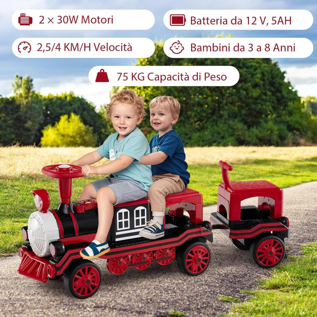 Trenino Elettrico Cavalcabile per Bambini, 12V Macchina Elettrica a 3 Posti con Locomotiva e Vagone Rimovibili, Treno con Luci LED, Clacson e Musica, per Bambini 3-8 Anni (Rosso)