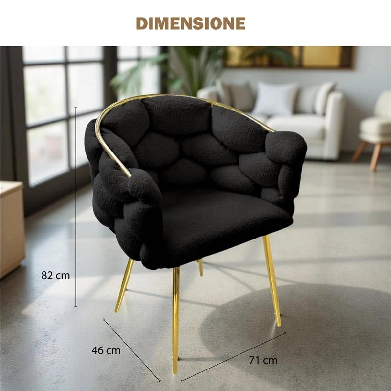 SET 2 POLTRONE IMBOTTITE IN TESSUTO TEDDY CON STRUTTURA IN METALLO ORO DIMENSIONI 71X46X82H CM COLORE NERO