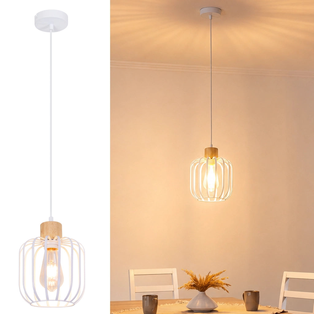ZMH Lampada a Sospensione 1 Luce Bianco Legno E27 Moderna per Soggiorno Cucina Isola Corridoio Senza Lampadina