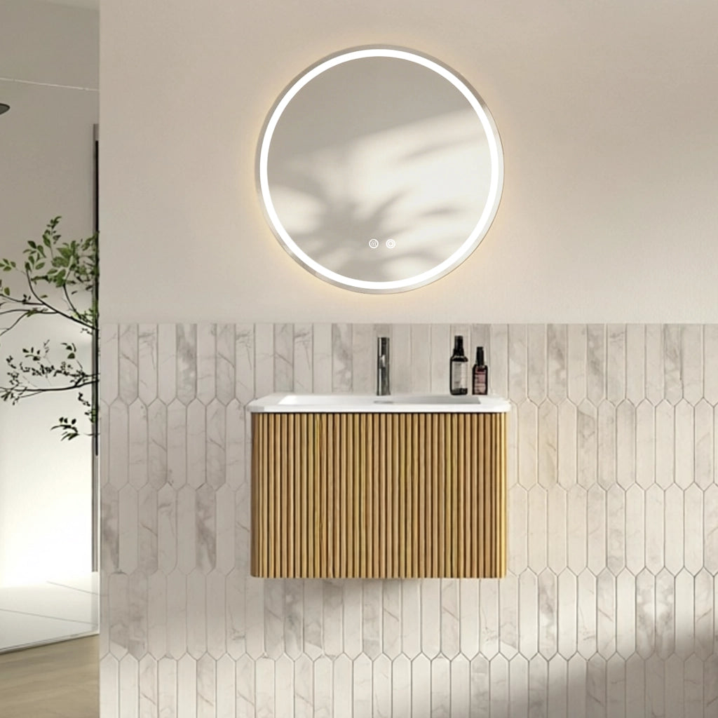 Mobile bagno con specchio LED sospeso con lavabo integrato e antiappannamento per bagno in MDF e solid surface rovere
