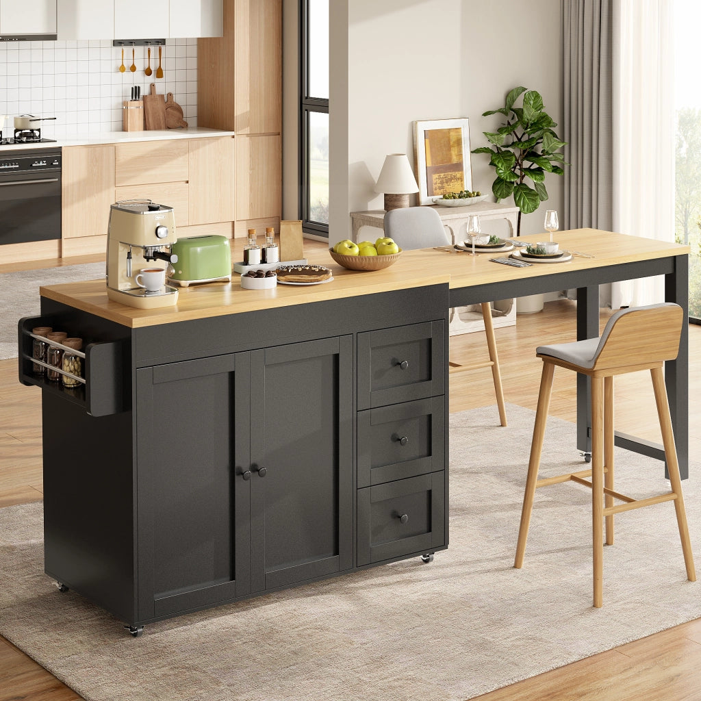 Mobile da cucina estensibile con 3 cassetti; ripiani laterali e armadio a 2 ante; su ruote; per cucina e sala da pranzo