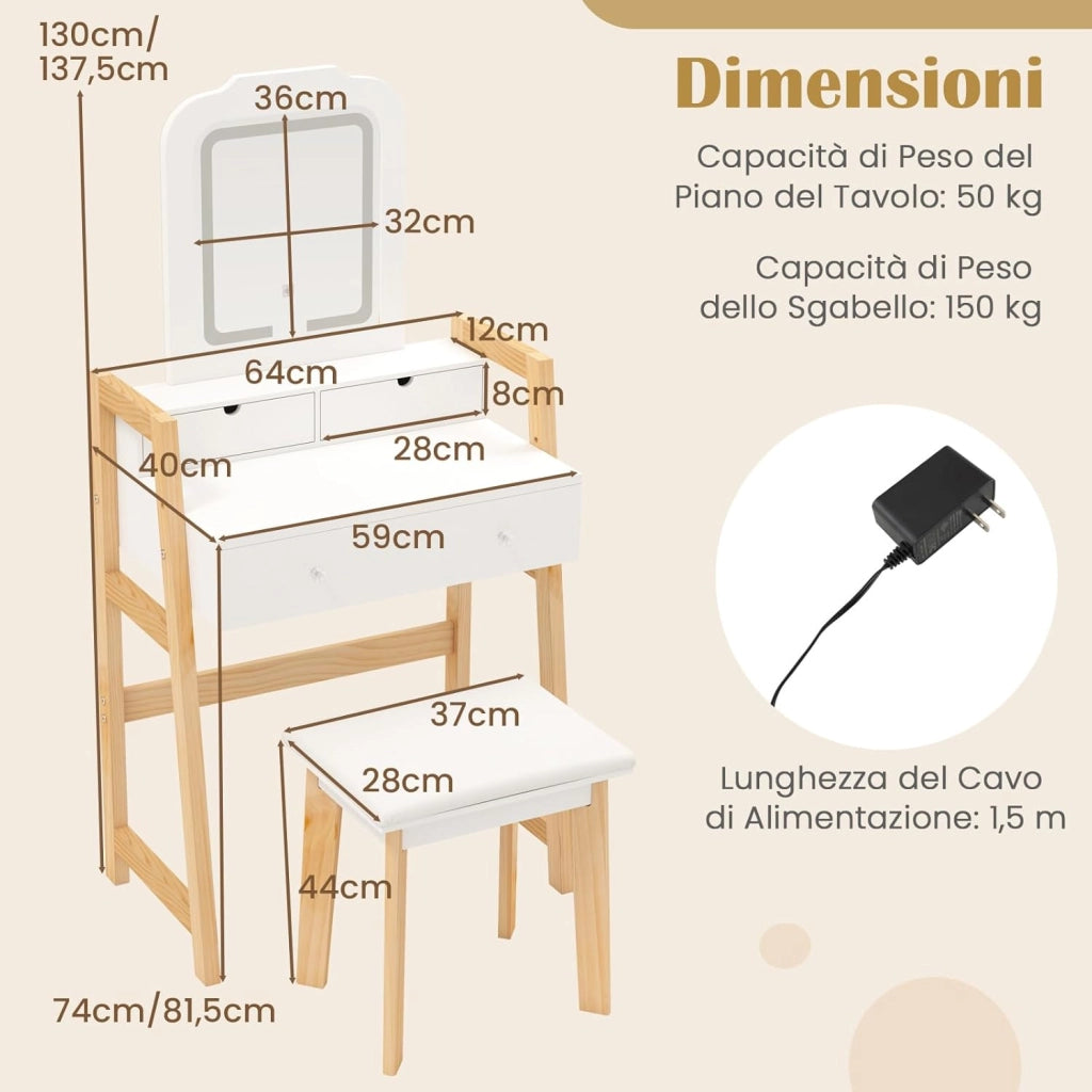 Set di Tavolo da Toeletta, Tavolo da Trucco con Sgabello e Specchio Regolabile in Altezza, 3 Cassetti, Bianco Moderno Minimalista