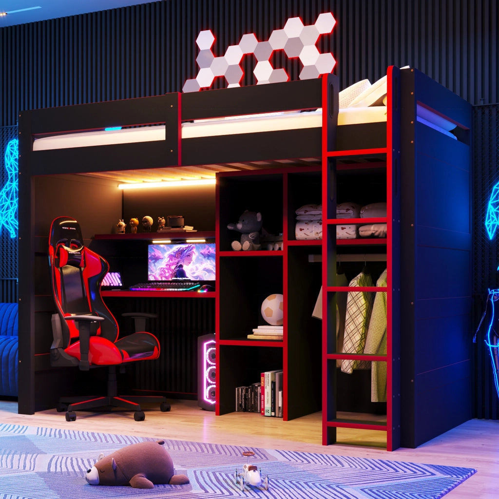 Letto a soppalco 90 × 200 cm con scrivania armadio aperto LED USB in MDF e compensato nero e rosso