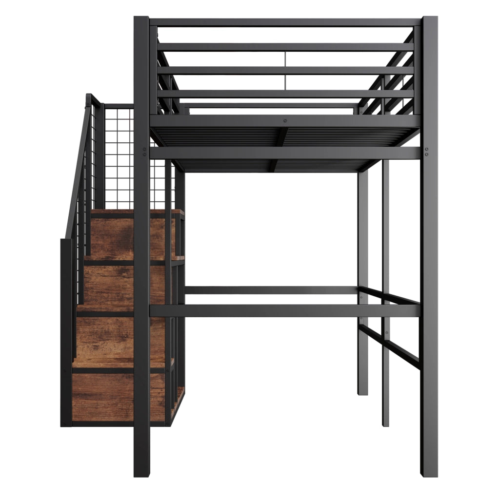 Letto a soppalco singolo 90x200 cm in metallo nero con scala e vano contenitore