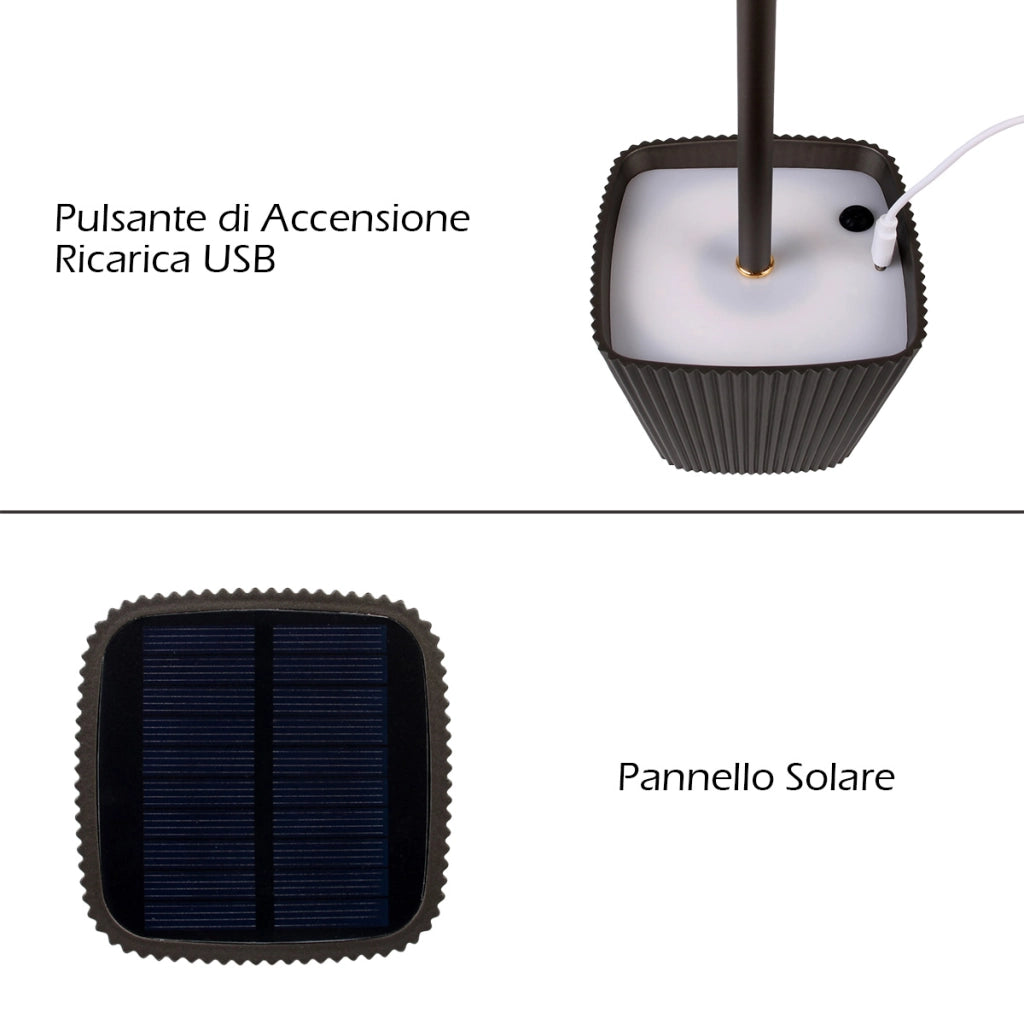 LAMAPADA DA TAVOLO LED RICARICABILE CON PARALUME QUADRATO PLISSETTATO GRIGIO - 3 TEMPERATURE COLORE ENERGIA SOLARE E USB DIMMERABILE